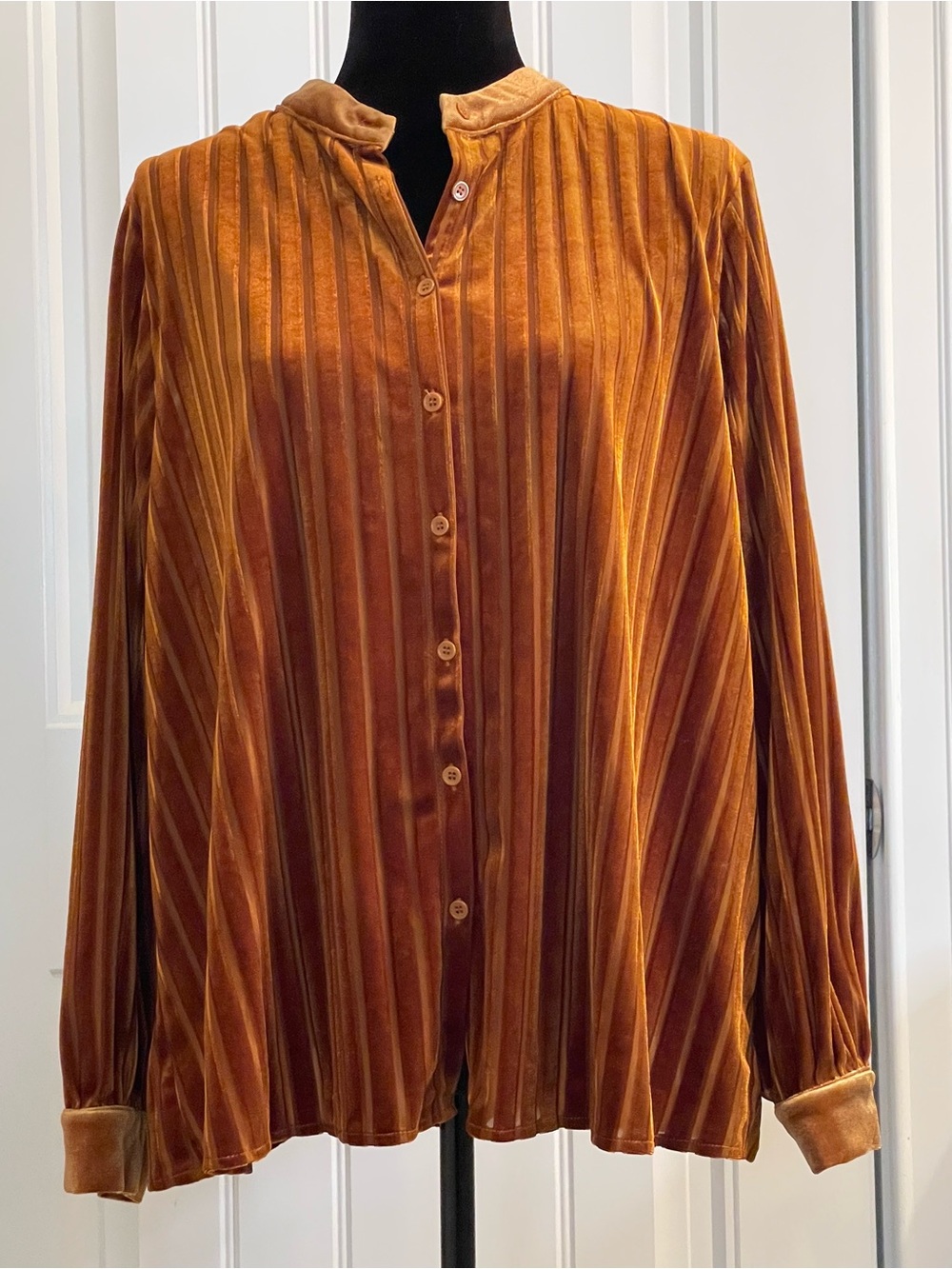 Fashion Nova Burnt Orange Velvet Stripe Button-Down Blouse